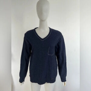 Wanama Sweater Long Sleeve Navy Blue Cashmere Angora  Blend Contrast Stitch Sz M
